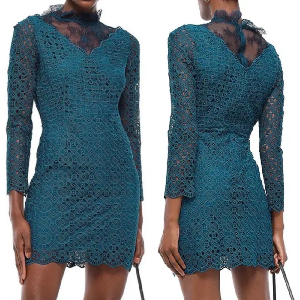 SANDRO Bartsie Lace Long Sleeve Mini Dress In Teal Blue Green Size EU 34/US 2